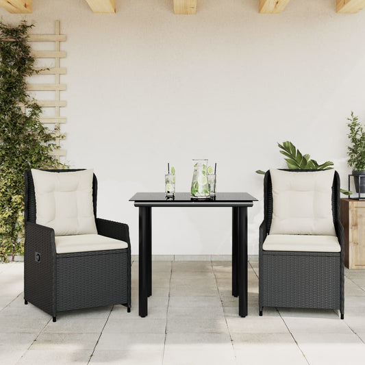 Set da Pranzo da Giardino 3 pz con Cuscini Nero in Polyrattan - homemem39