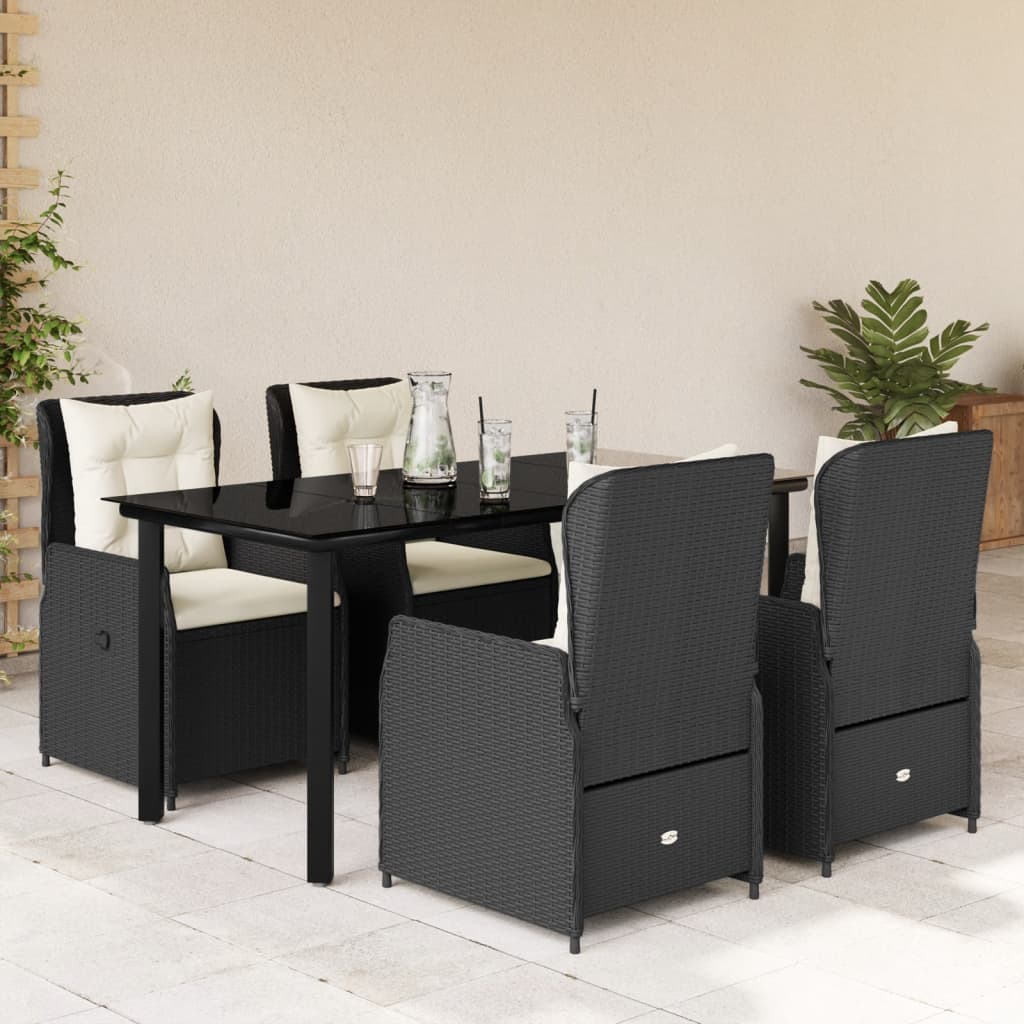 Set da Pranzo da Giardino 5 pz Nero con Cuscini in Polyrattan - homemem39