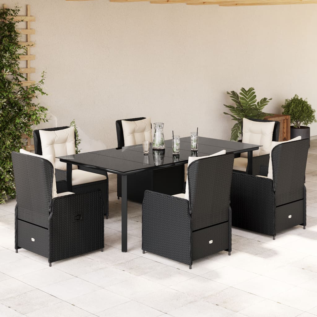 Set da Pranzo da Giardino 7 pz Nero con Cuscini in Polyrattan - homemem39