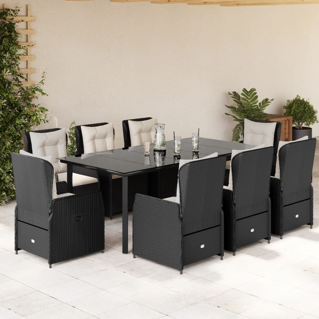 Set da Pranzo da Giardino 9 pz con Cuscini Nero in Polyrattan - homemem39