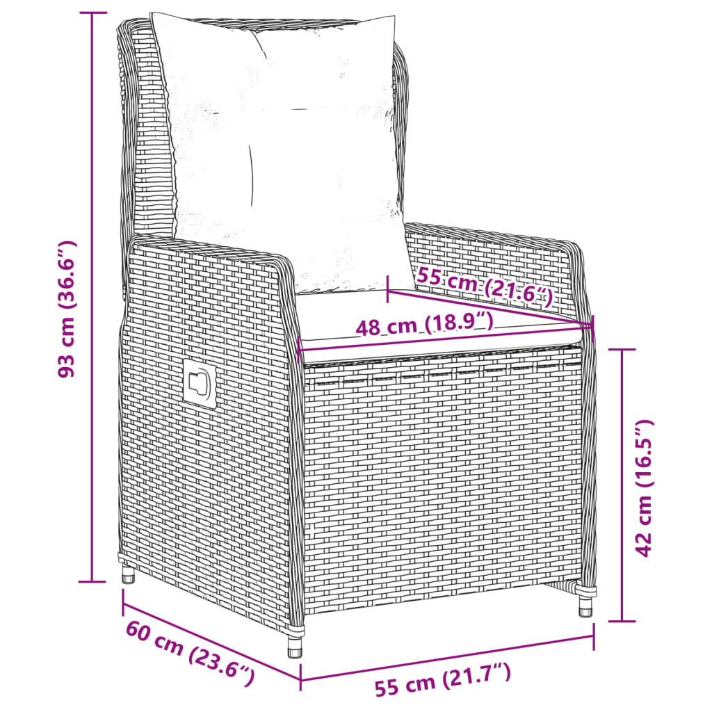 Set da Pranzo da Giardino 3pz con Cuscini in Polyrattan Marrone