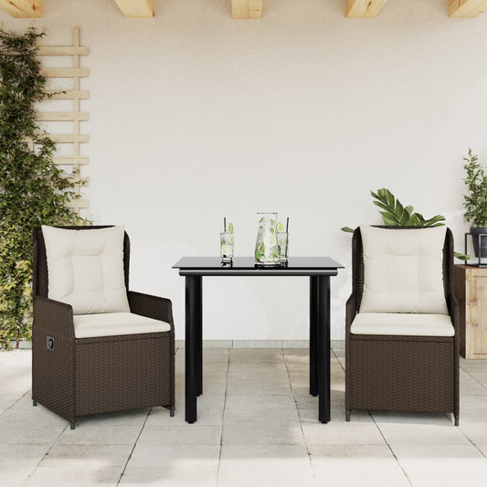Set da Pranzo da Giardino 3pz con Cuscini in Polyrattan Marrone - homemem39