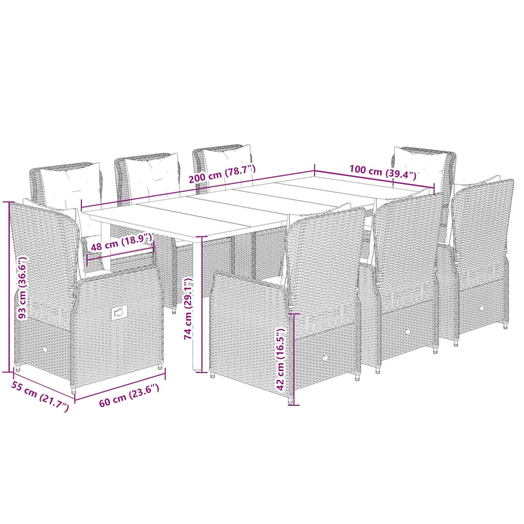 Set da Pranzo da Giardino 9pz con Cuscini Marrone in Polyrattan | homemem39