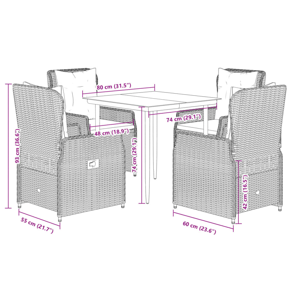 Set da Pranzo da Giardino 5 pz con Cuscini in Polyrattan Grigio