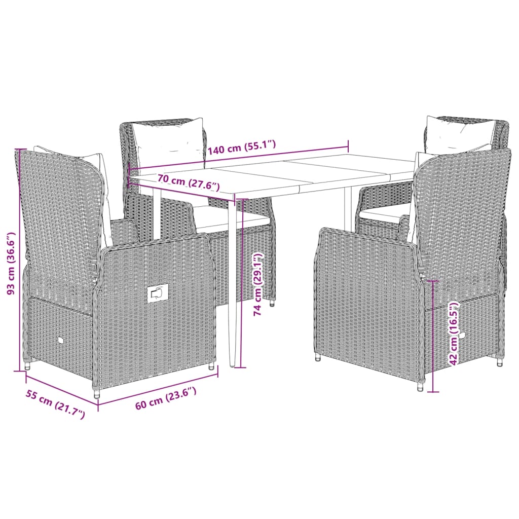Set da Pranzo da Giardino 5 pz con Cuscini in Polyrattan Grigio | homemem39