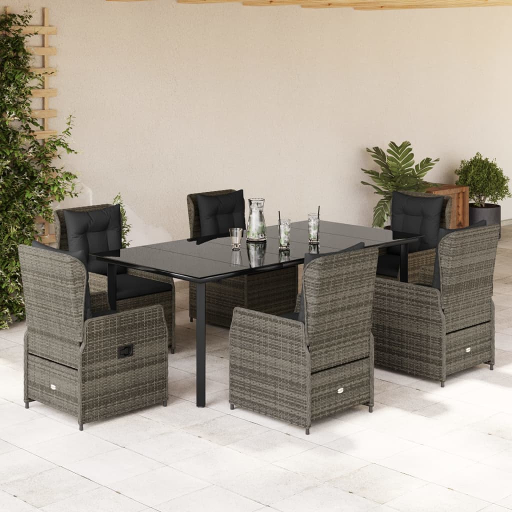 Set da Pranzo da Giardino 7 pz con Cuscini in Polyrattan Grigio