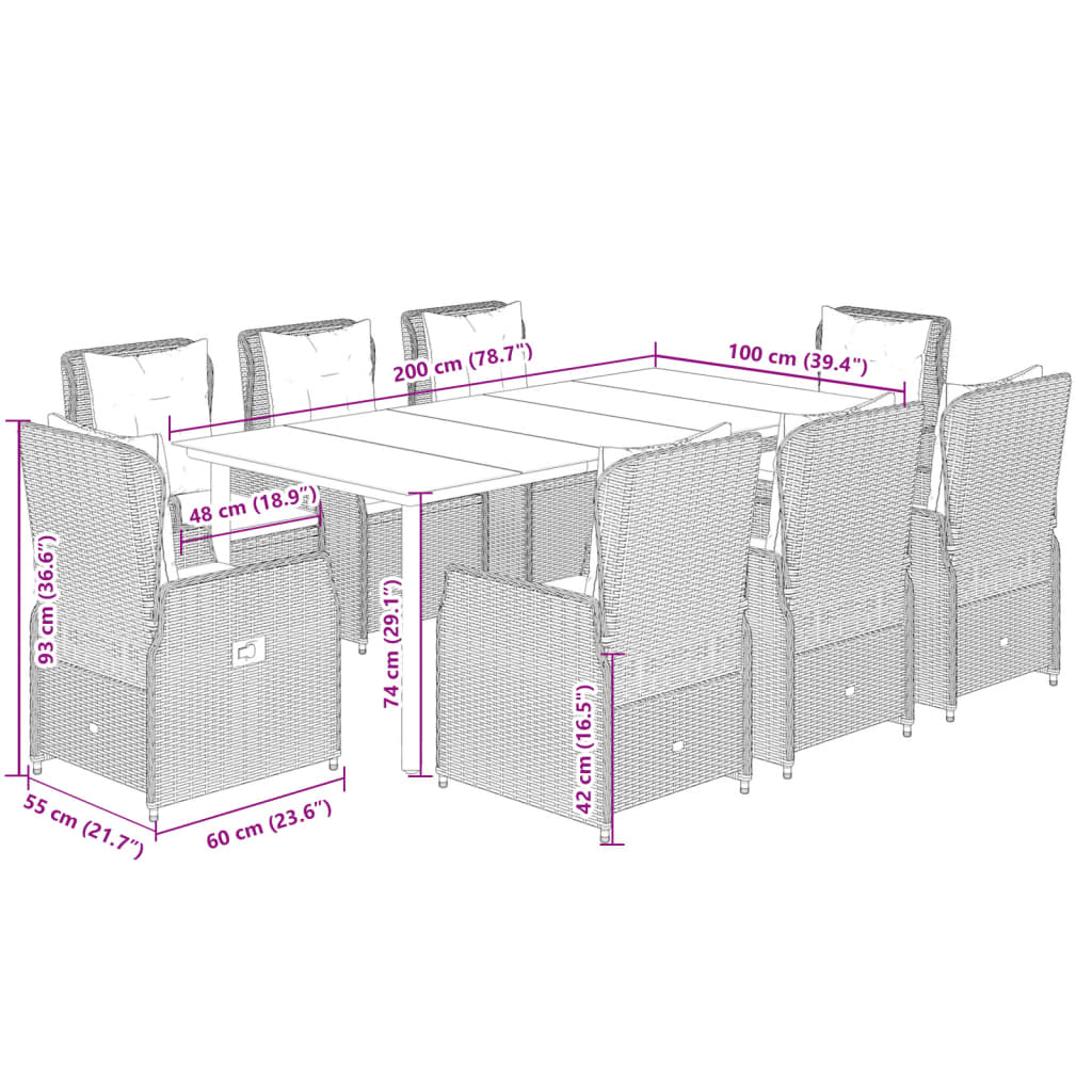 Set da Pranzo da Giardino 9 pz con Cuscini in Polyrattan Grigio | homemem39