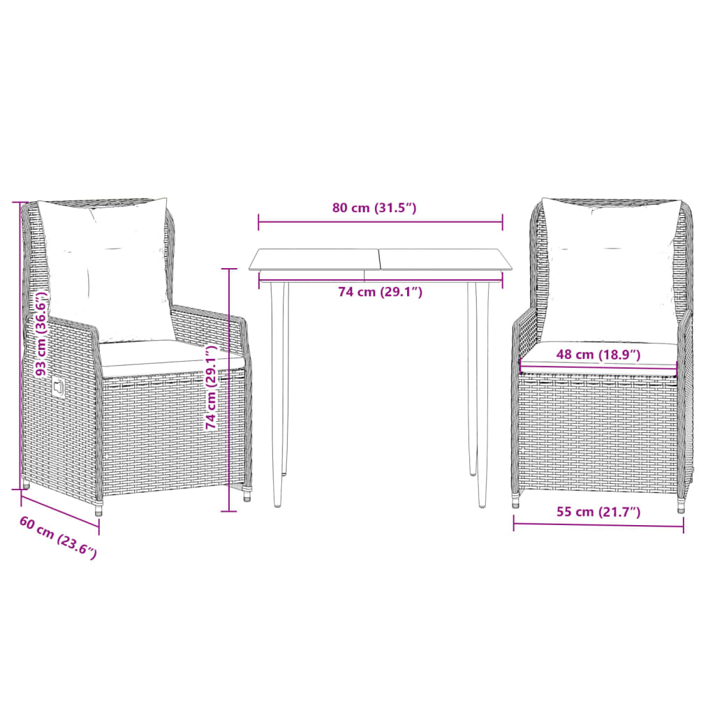 Set da Pranzo da Giardino 3 pz con Cuscini Beige in Polyrattan