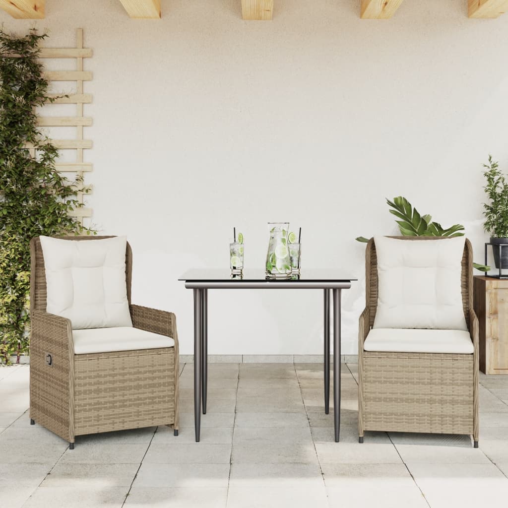 Set da Pranzo da Giardino 3 pz con Cuscini Beige in Polyrattan