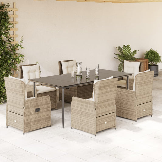 Set da Pranzo da Giardino 7 pz con Cuscini Beige in Polyrattan