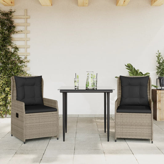 Set Pranzo da Giardino 3pz con Cuscini Grigio Chiaro Polyrattan