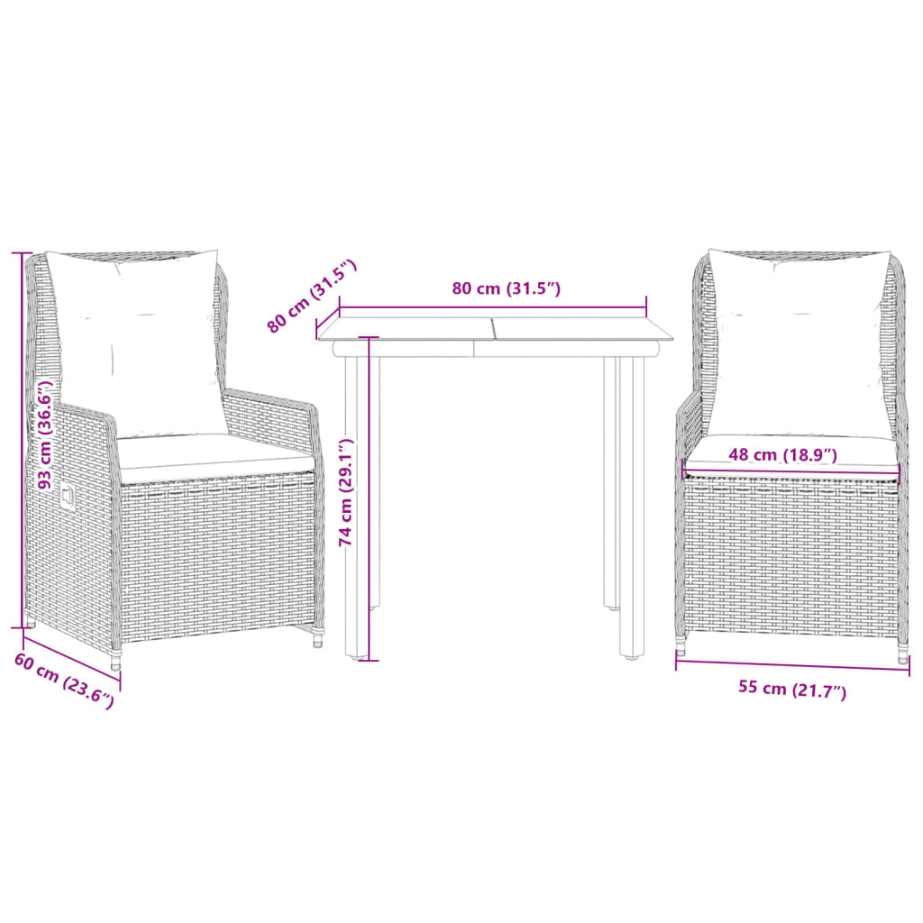 Set Pranzo da Giardino 3pz con Cuscini Grigio Chiaro Polyrattan