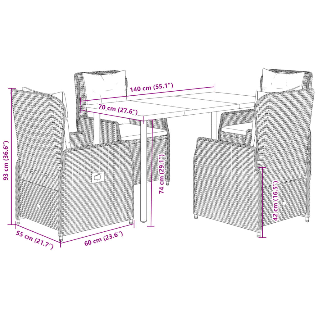 Set Pranzo da Giardino 5pz con Cuscini Grigio Chiaro Polyrattan | homemem39