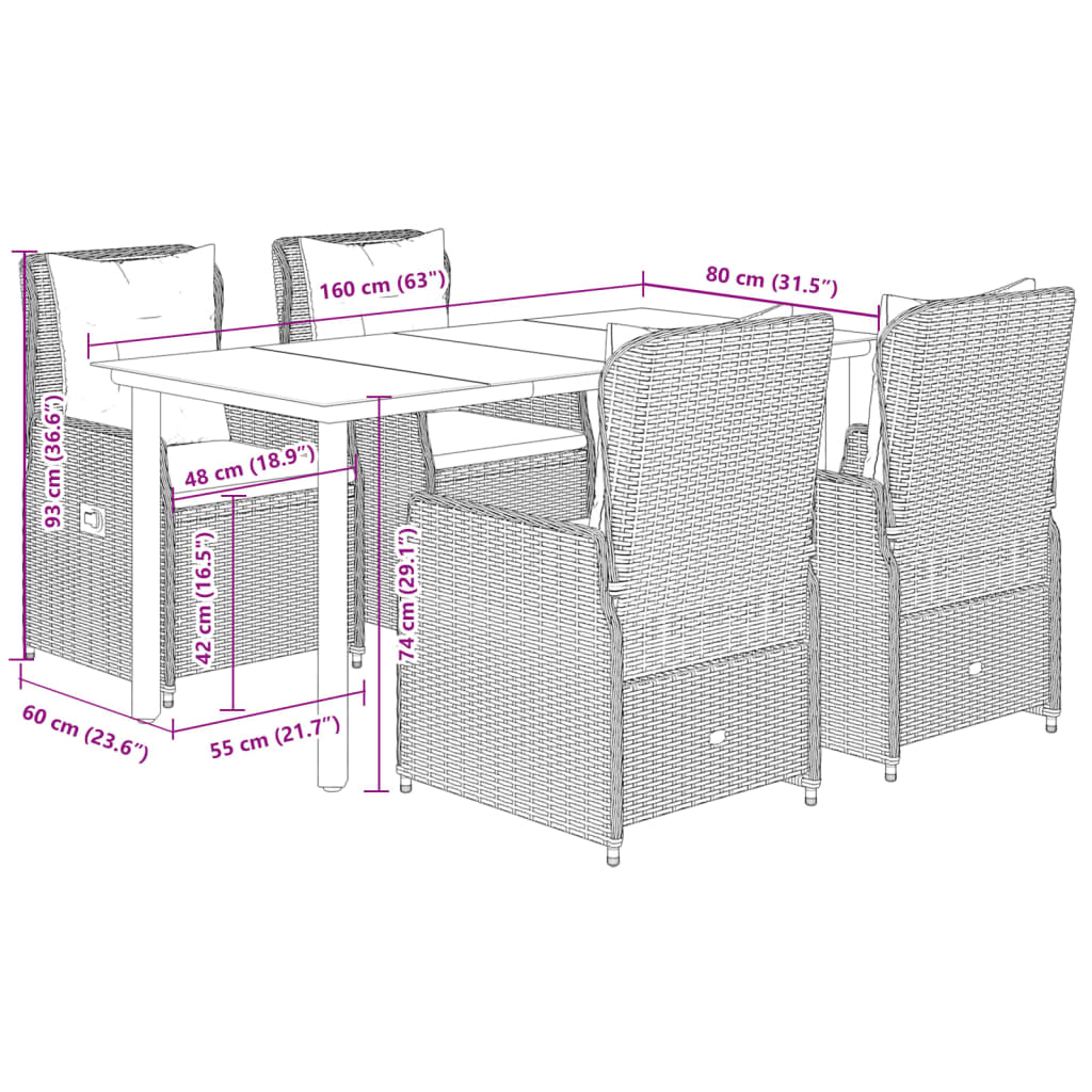 Set Pranzo da Giardino 5pz con Cuscini Grigio Chiaro Polyrattan | homemem39