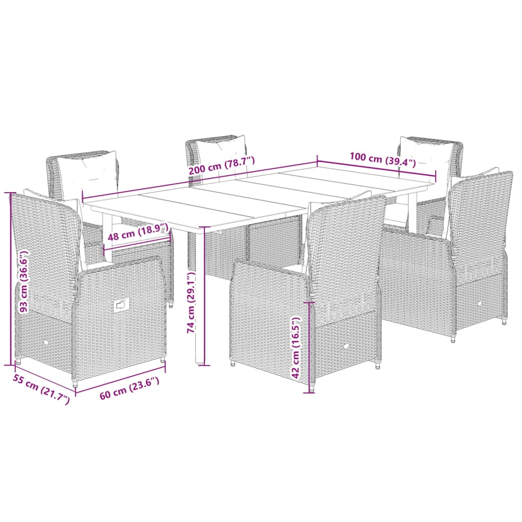 Set da Pranzo da Giardino 7 pz Cuscini Polyrattan Grigio Chiaro | homemem39