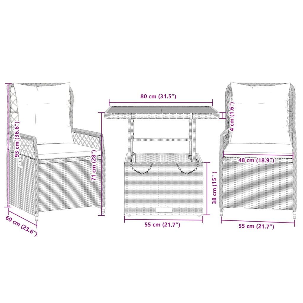 Set da Pranzo da Giardino 3 pz con Cuscini in Polyrattan Grigio - homemem39
