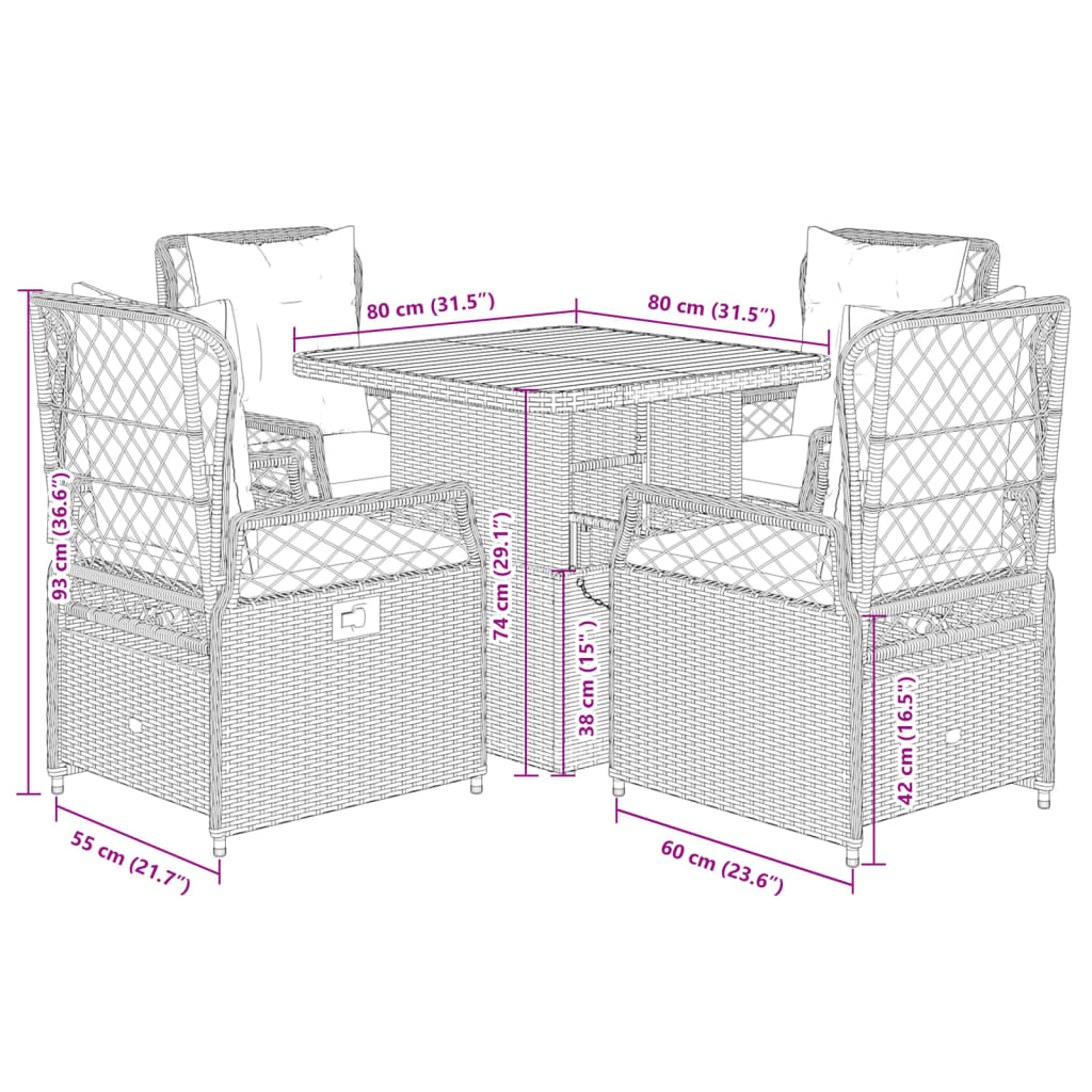 Set da Pranzo da Giardino 5 pz con Cuscini in Polyrattan Grigio