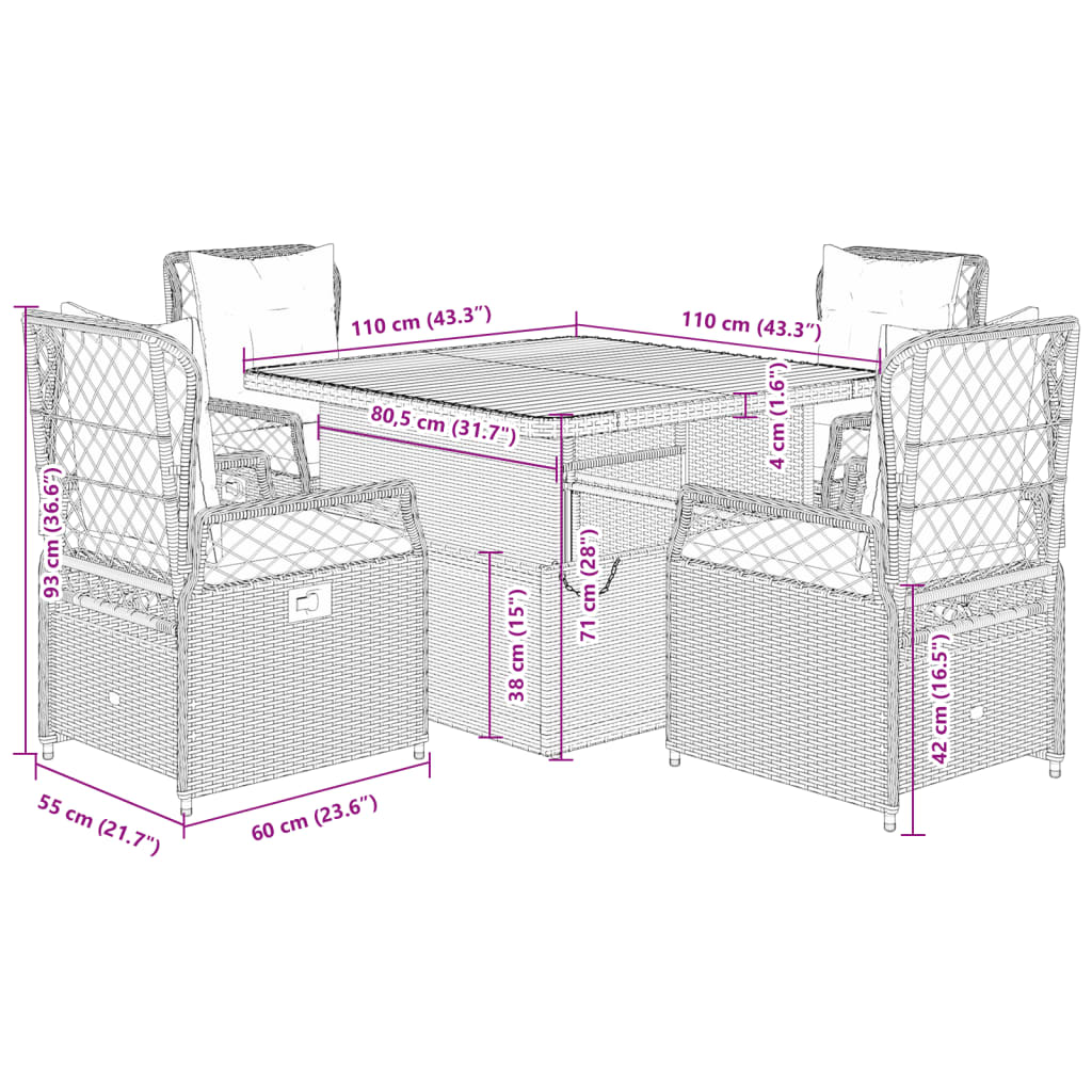 Set da Pranzo da Giardino 5 pz con Cuscini in Polyrattan Grigio