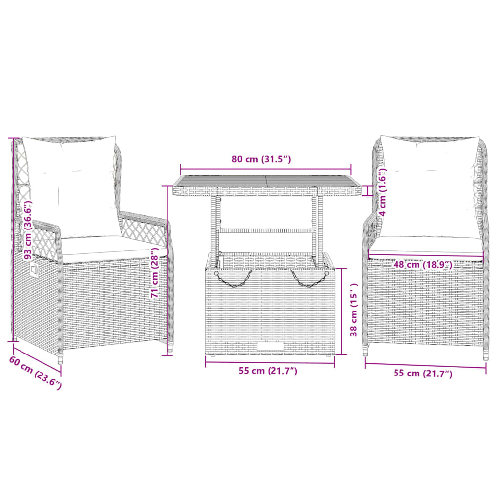 Set da Pranzo da Giardino 3 pz con Cuscini Beige in Polyrattan