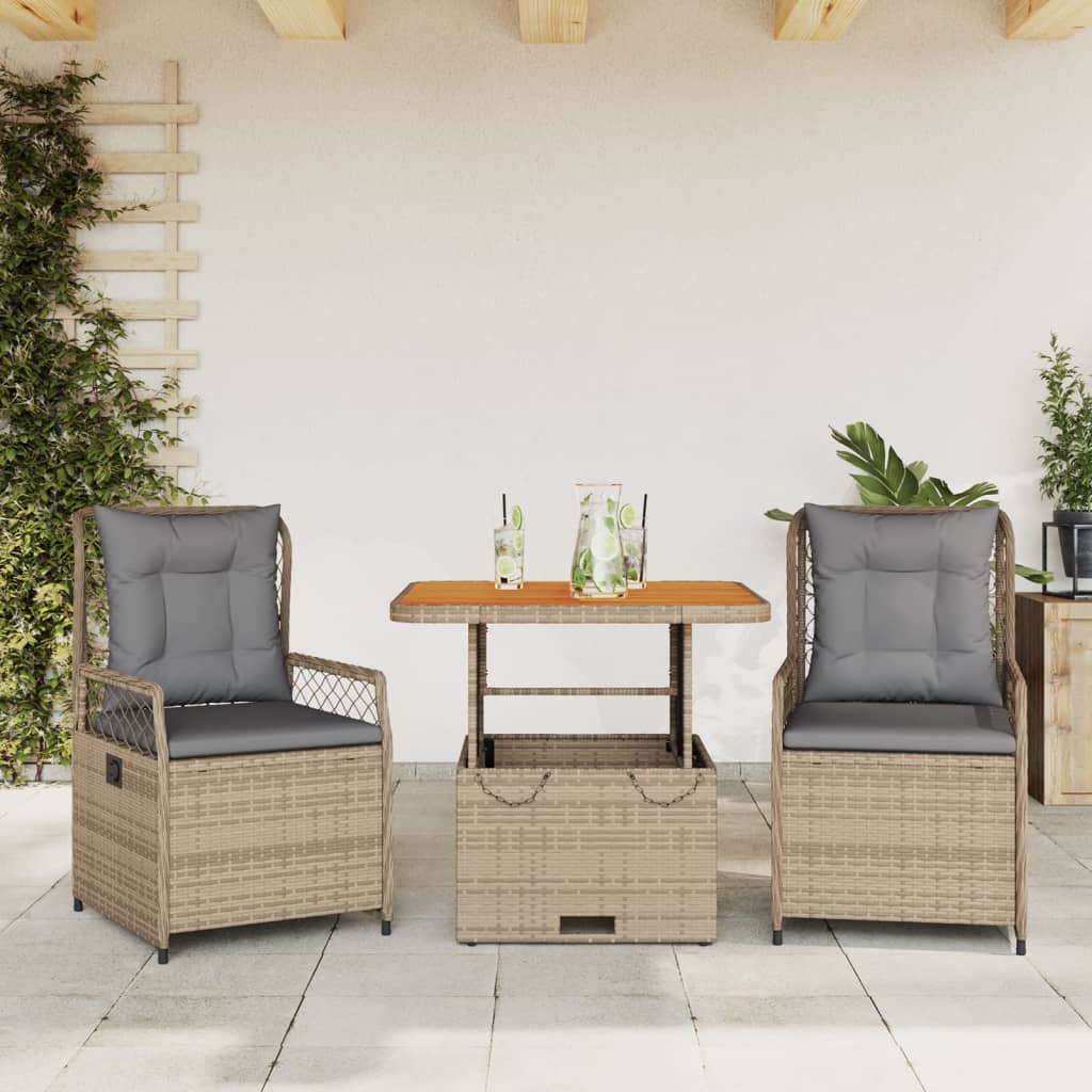 Set da Pranzo da Giardino 3 pz con Cuscini Beige in Polyrattan