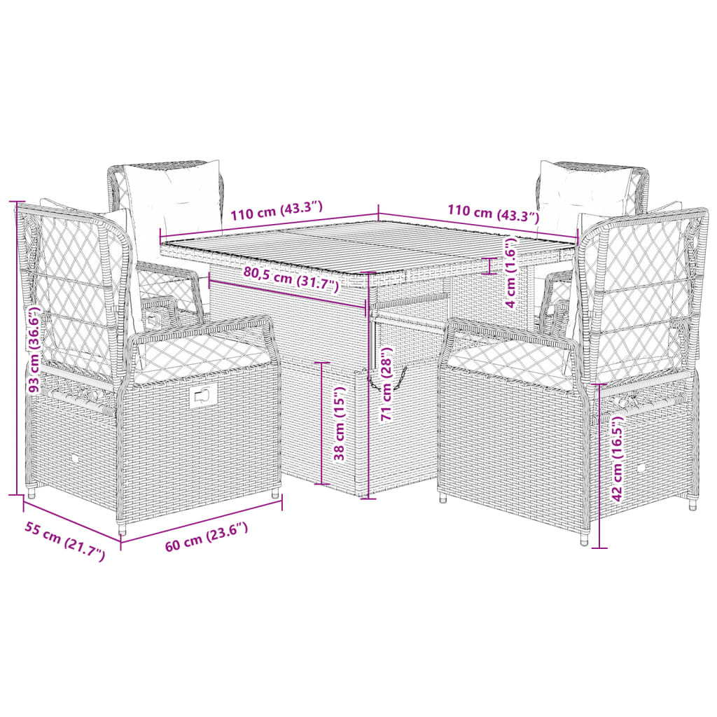 Set da Pranzo da Giardino 5 pz con Cuscini Beige in Polyrattan