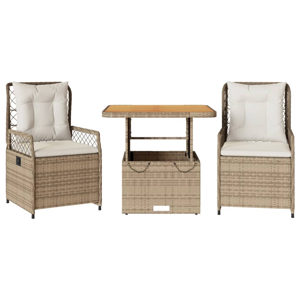 Set da Pranzo da Giardino 3 pz con Cuscini Beige in Polyrattan