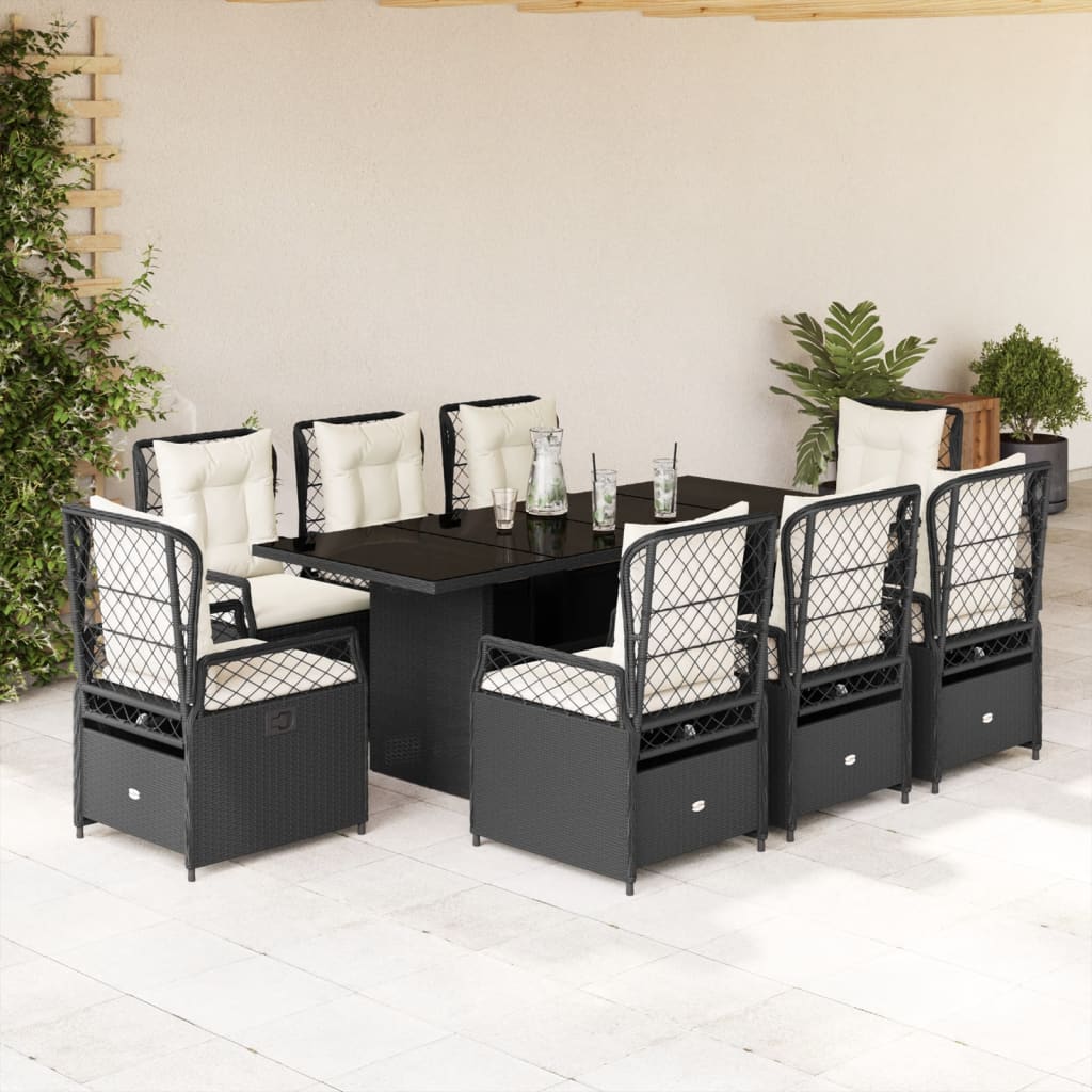 Set da Pranzo da Giardino 9 pz con Cuscini Nero in Polyrattan - homemem39