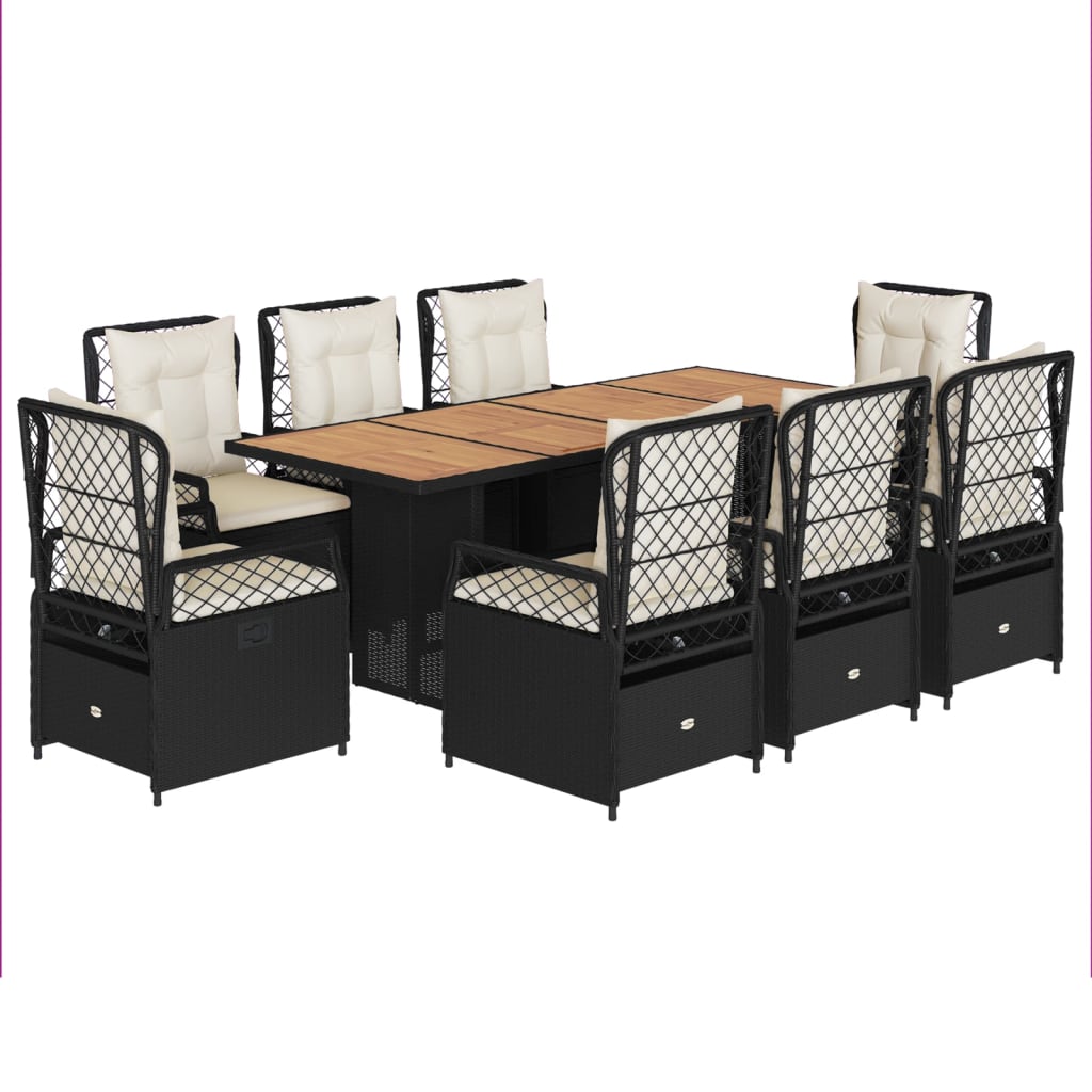 Set da Pranzo da Giardino 9 pz con Cuscini Nero in Polyrattan - homemem39