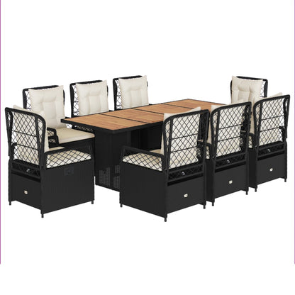 Set da Pranzo da Giardino 9 pz con Cuscini Nero in Polyrattan - homemem39