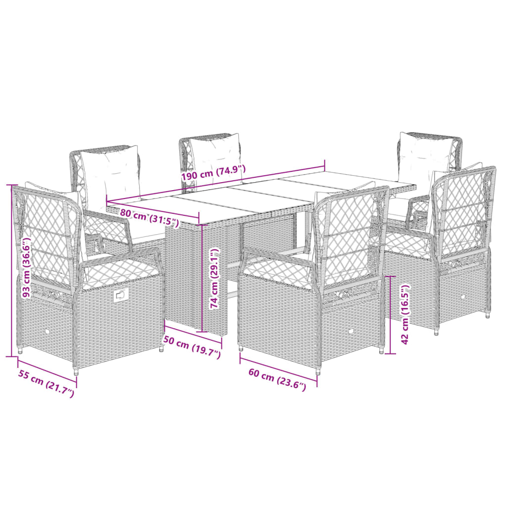 Set da Pranzo da Giardino 7pz con Cuscini in Polyrattan Marrone | homemem39