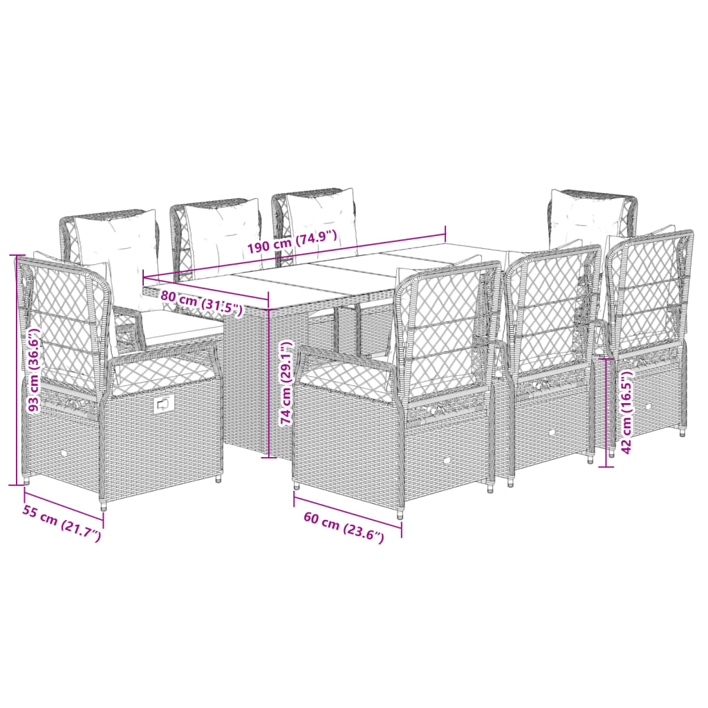 Set da Pranzo da Giardino 9 pz con Cuscini in Polyrattan Grigio | homemem39