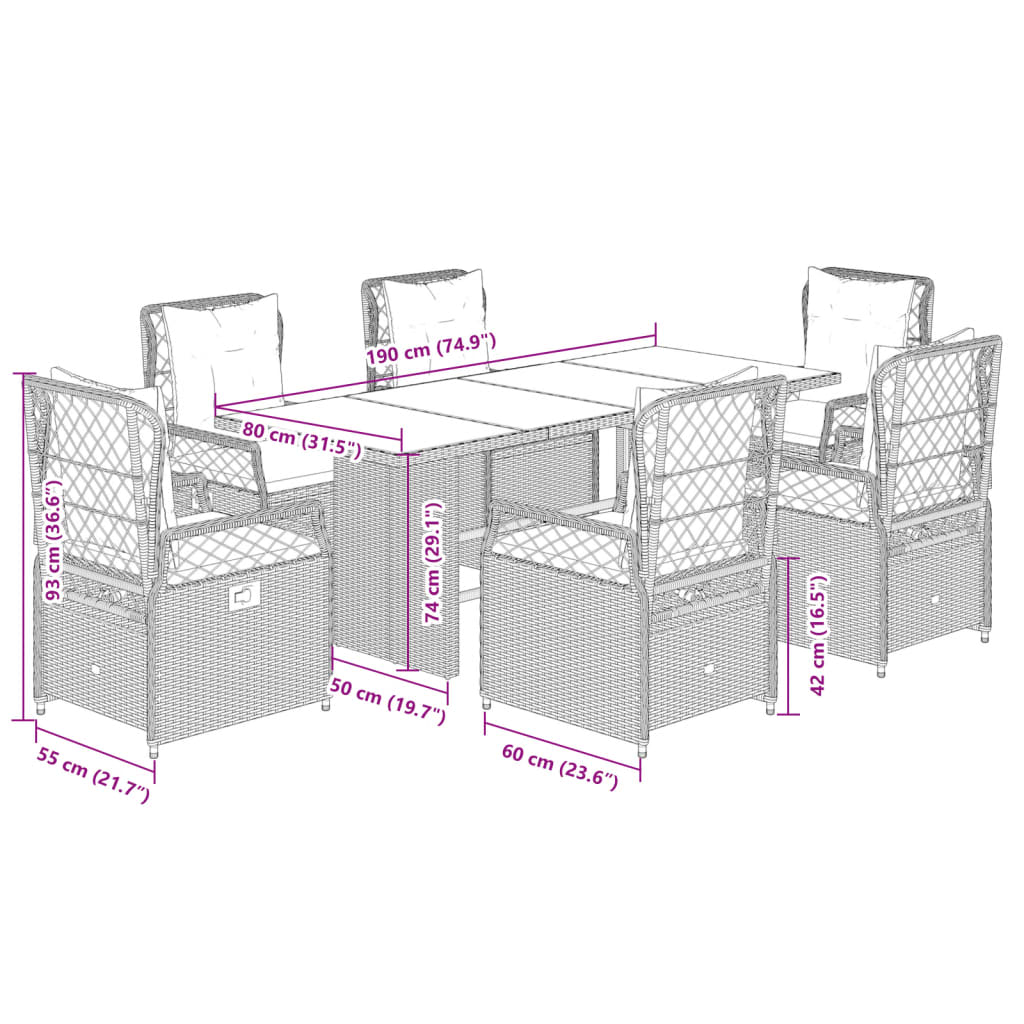Set da Pranzo da Giardino 7 pz con Cuscini in Polyrattan Grigio | homemem39