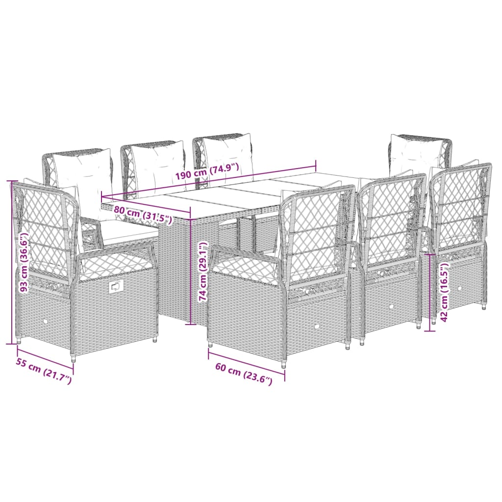 Set da Pranzo da Giardino 9 pz con Cuscini in Polyrattan Grigio