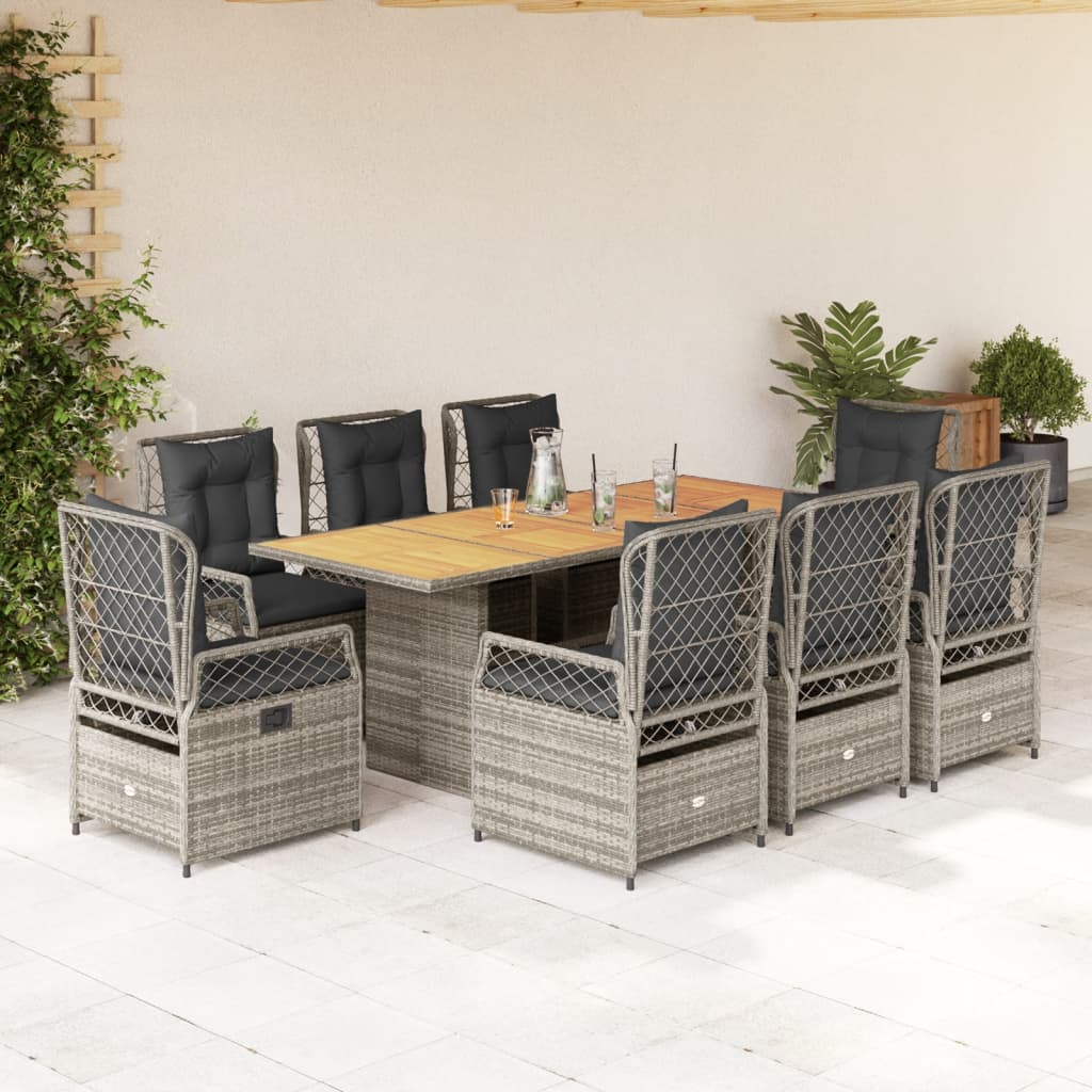 Set da Pranzo da Giardino 9 pz con Cuscini in Polyrattan Grigio