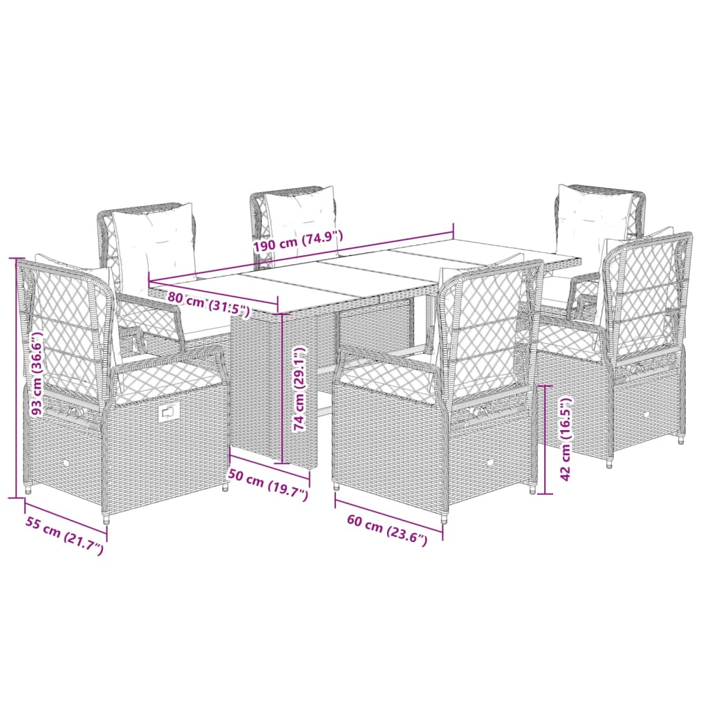 Set da Pranzo da Giardino 7 pz con Cuscini Beige in Polyrattan | homemem39
