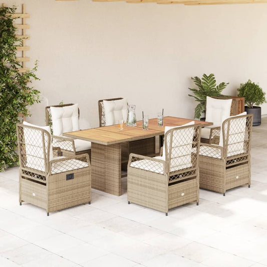 Set da Pranzo da Giardino 7 pz con Cuscini Beige in Polyrattan