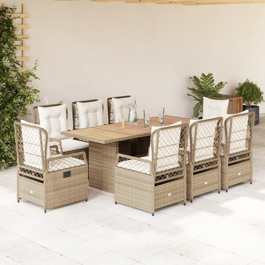 Set da Pranzo da Giardino 9 pz con Cuscini Beige in Polyrattan