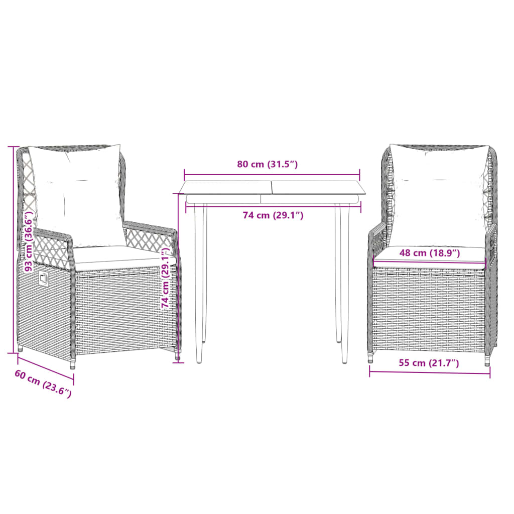 Set da Pranzo da Giardino 3 pz con Cuscini Nero in Polyrattan