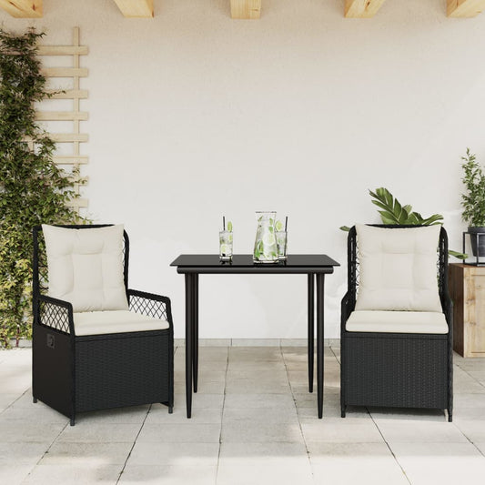 Set da Pranzo da Giardino 3 pz con Cuscini Nero in Polyrattan