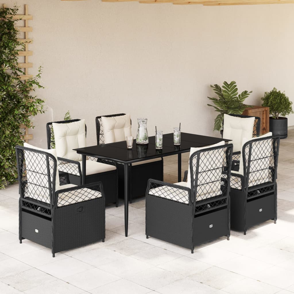 Set da Pranzo da Giardino 7 pz Nero con Cuscini in Polyrattan - homemem39