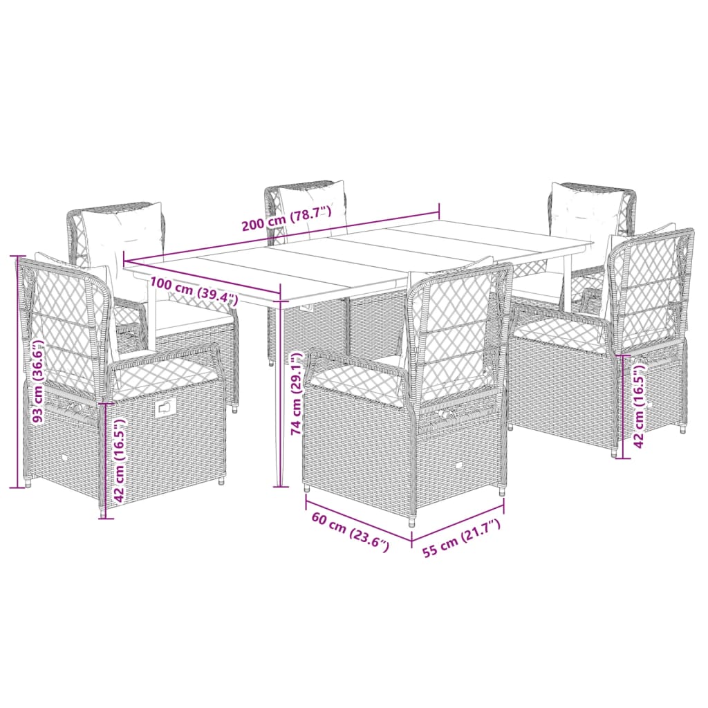 Set da Pranzo da Giardino 7 pz Nero con Cuscini in Polyrattan - homemem39
