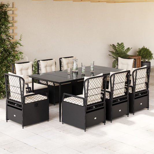 Set da Pranzo da Giardino 9 pz con Cuscini Nero in Polyrattan - homemem39