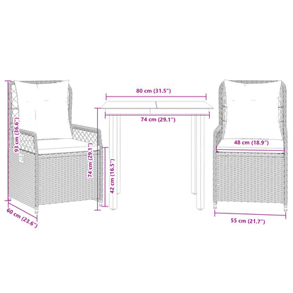 Set da Pranzo da Giardino 3 pz con Cuscini Nero in Polyrattan