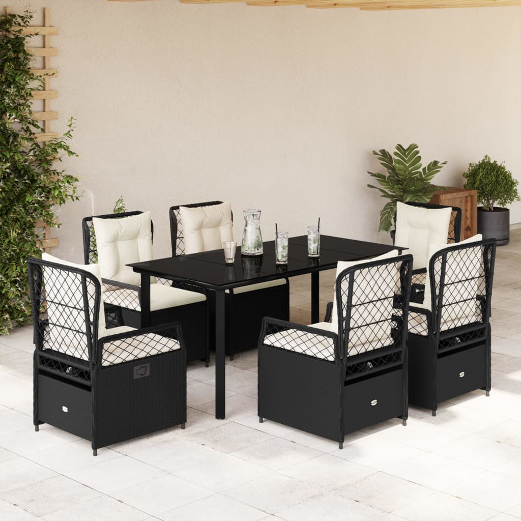 Set da Pranzo da Giardino 7 pz Nero con Cuscini in Polyrattan - homemem39