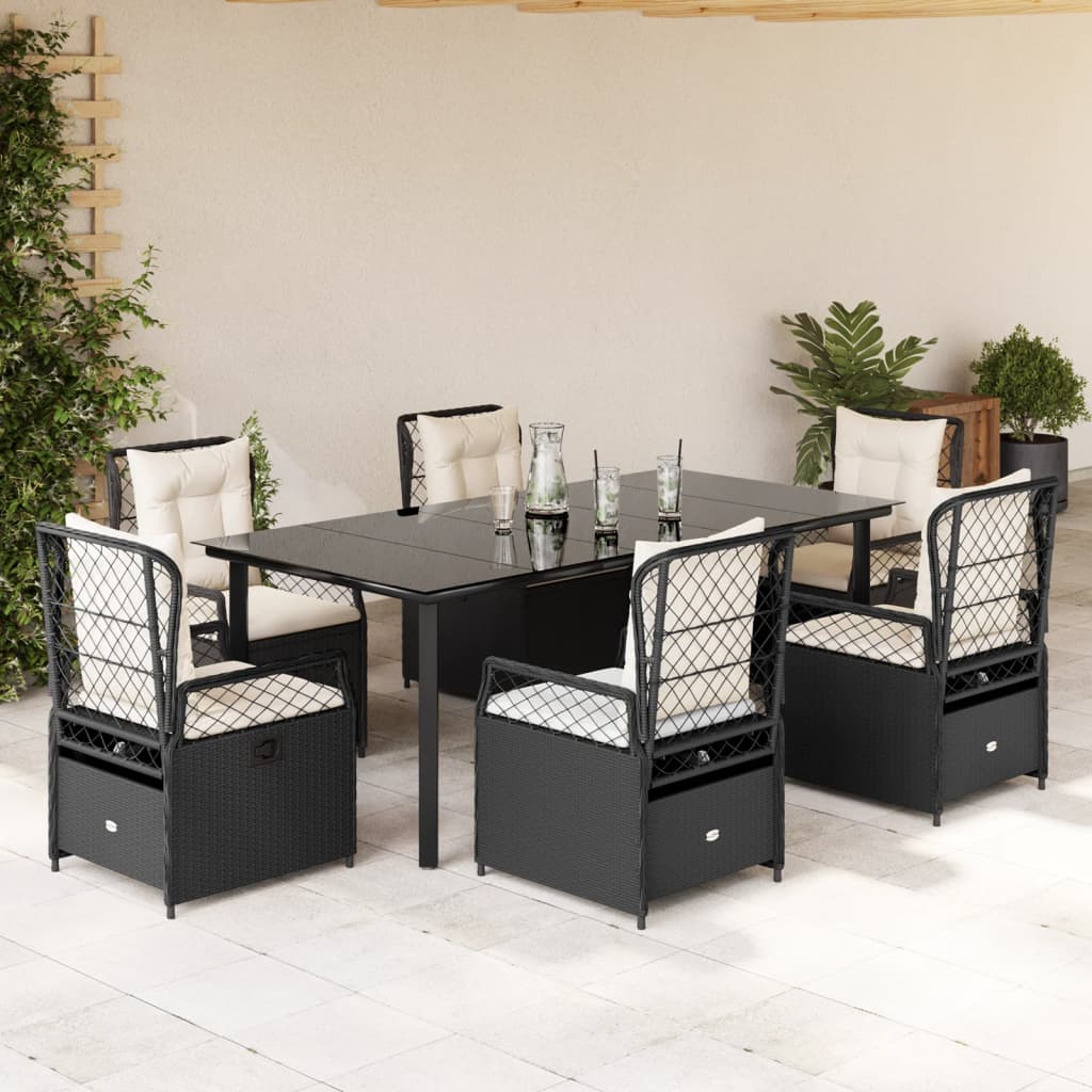 Set da Pranzo da Giardino 7 pz Nero con Cuscini in Polyrattan - homemem39