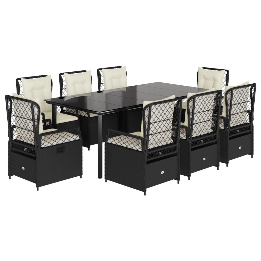Set da Pranzo da Giardino 9 pz con Cuscini Nero in Polyrattan - homemem39