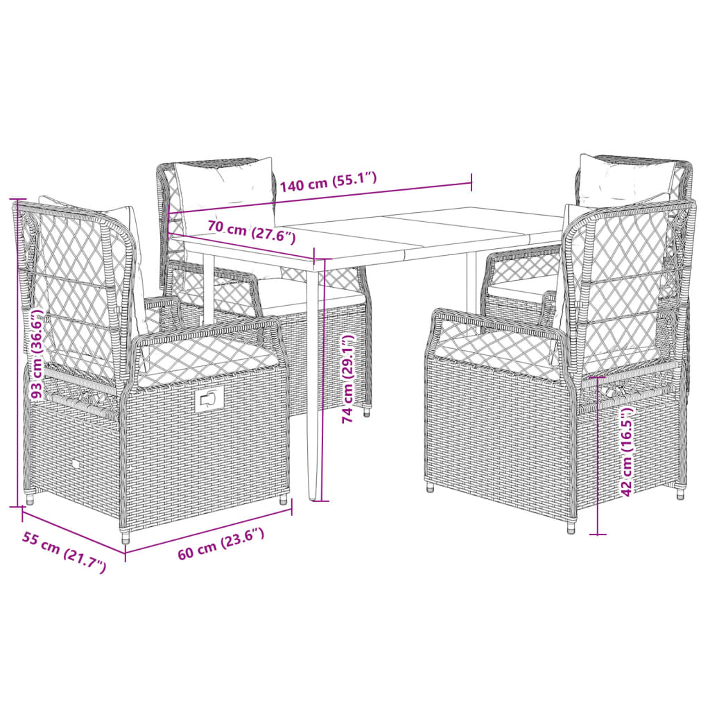Set da Pranzo da Giardino 5pz con Cuscini in Polyrattan Marrone | homemem39