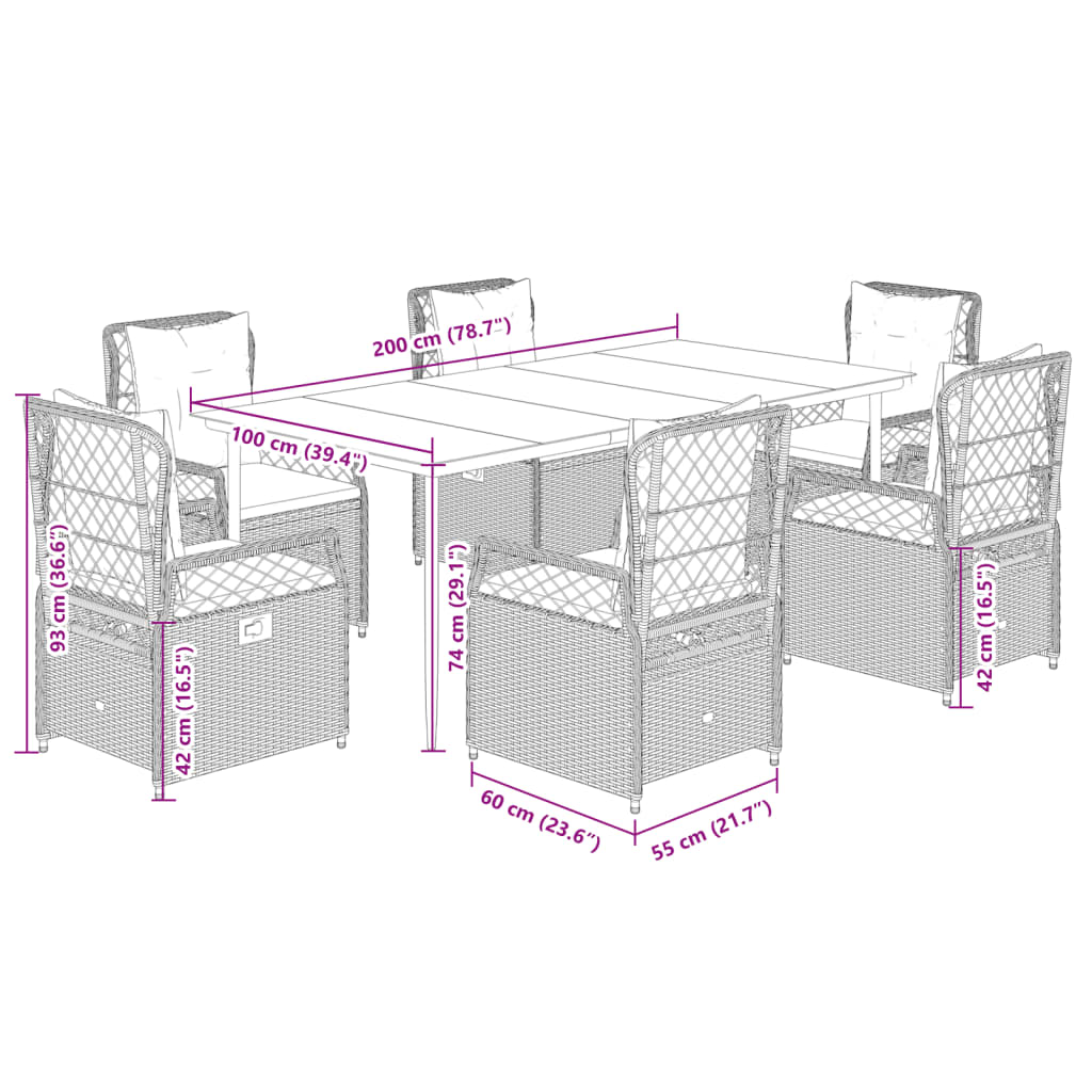 Set da Pranzo da Giardino 7pz con Cuscini in Polyrattan Marrone - homemem39