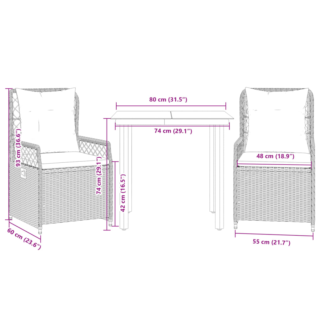 Set da Pranzo da Giardino 3pz con Cuscini in Polyrattan Marrone