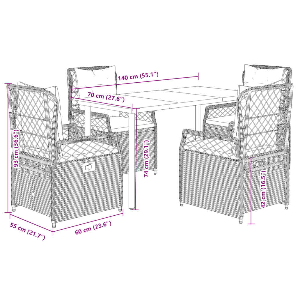 Set da Pranzo da Giardino 5pz con Cuscini in Polyrattan Marrone | homemem39
